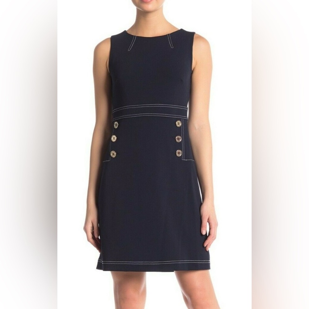 Tommy Hilfiger Black Sleeveless Button Stretch Scuba Crepe Shift Dress Sz 12